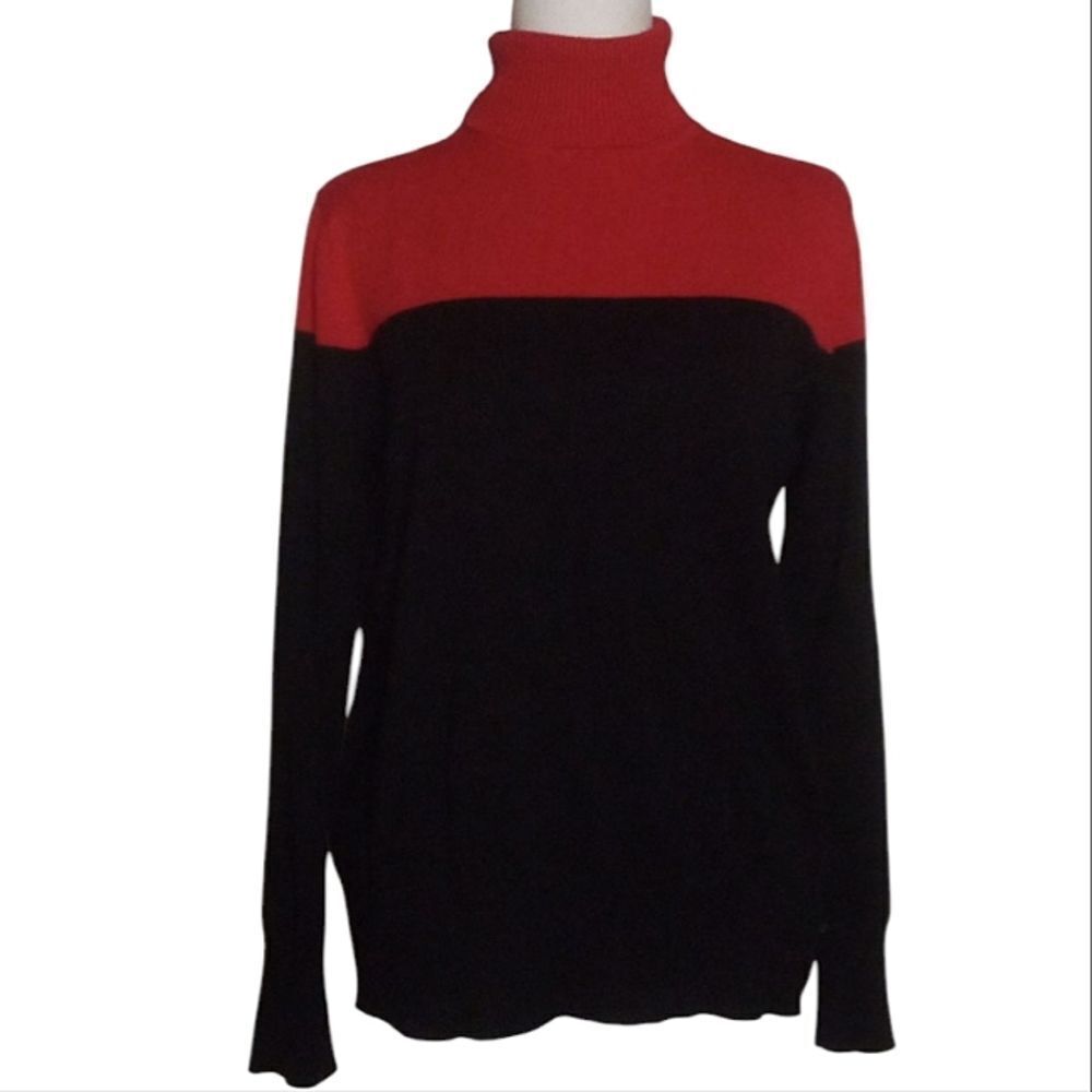 Cynthia Rowley Red Black Colorblock Lightweight Knit Turtleneck Sweater Large